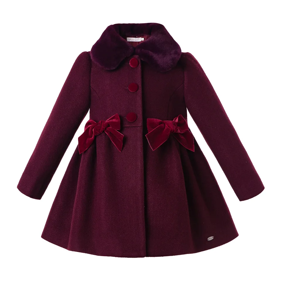 Pettigirl Fall Velvet Wine Red Winter Girls Coats With Bows Faux-Fur Collar Single Breasted Christmas Baby Girl Clothing - Цвет: as picture