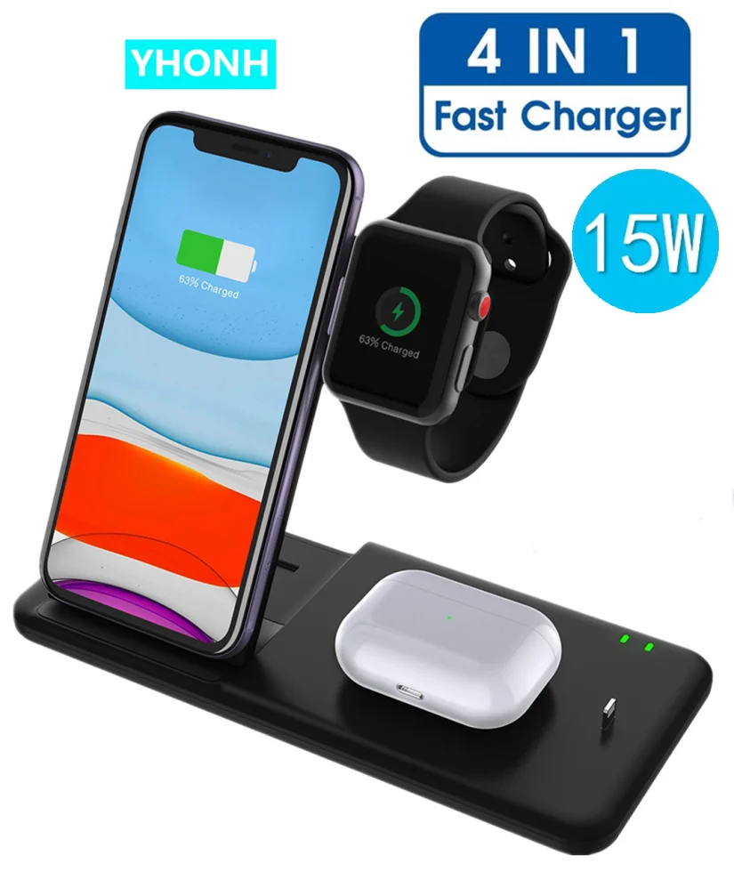 Беспроводное зарядное устройство Qi для iPhone 12 11 XR X 8 Apple Watch Airpods Pro iWatch 4 в 1 складная