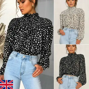 

Women Blouse Autumn Casual Long Sleeve Chiffon Collect Waist Blouse Turtleneck Dot Print Shirt Ladies Tunic Tops Fast Shipping