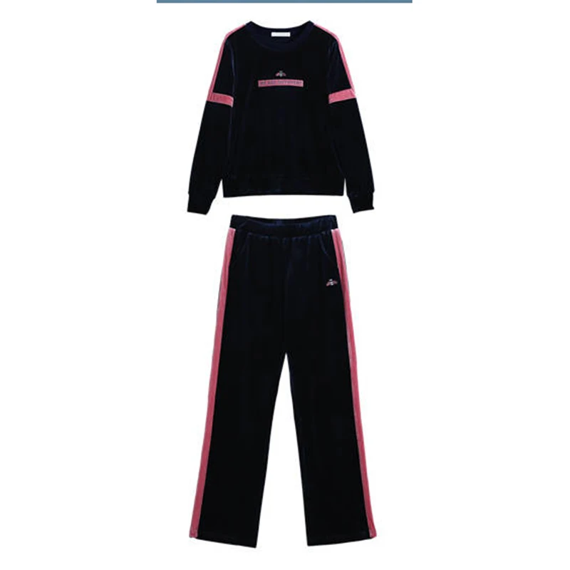 Skup Aksamitne garnitury szerokie spodnie nogi i topy Casual welurowe różowe dresy 2 sztuk zestaw paski stroje pasujące zestawy 2019 zimowe ubrania