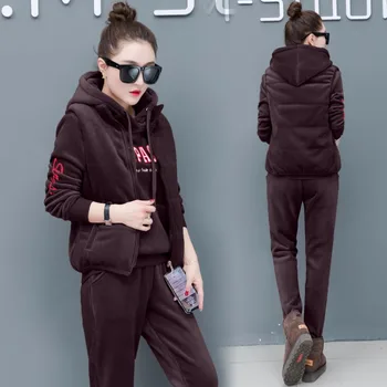 

3PCS Winter Thick Velvet Women Tracksuit Sportswear Warm Loose Running Jogging Outfit Casual Set Sport Suit Hoodie+jacket+pant