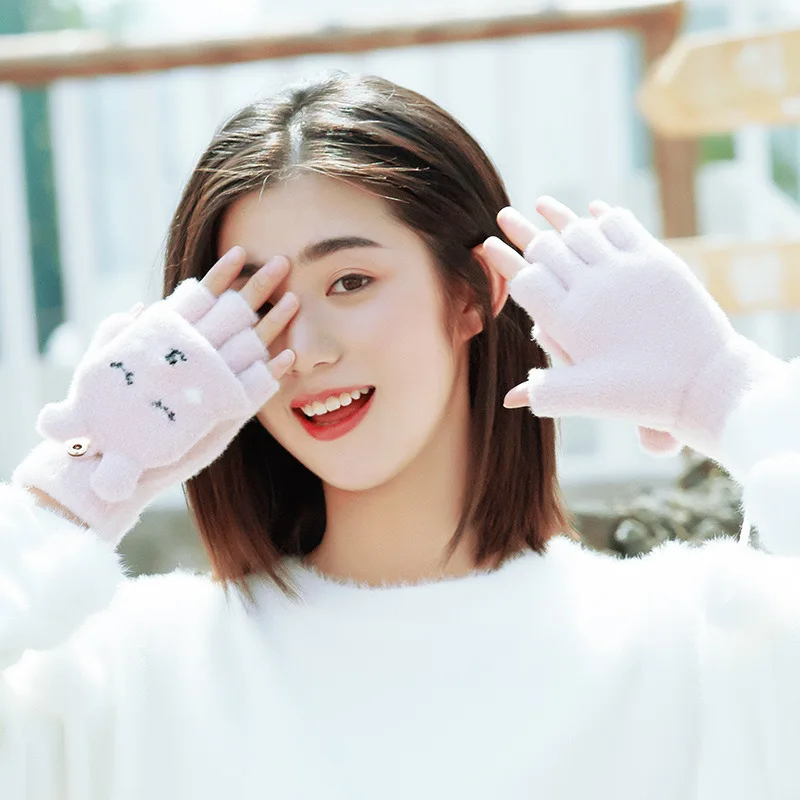 

Plush Knitted Gloves Ladies Clamshell Half-finger Outdoor Mitten Cartoon Rabbit Eldiven Womens Cute Winter Gloves Handschoenen