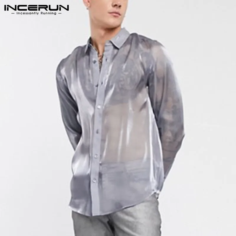 INCERUN Men Shirt Party Clubwear Sexy Transparent Tops 2020 Long Sleeve Camisa Solid Stylish Mesh Shiny Mens Lapel Shirts S-5XL INCERUN Men Shirt Party Clubwear Sexy Transparent Tops 2020 Long Sleeve Camisa Solid Stylish Mesh Shiny Mens Lapel Shirts S-5XL