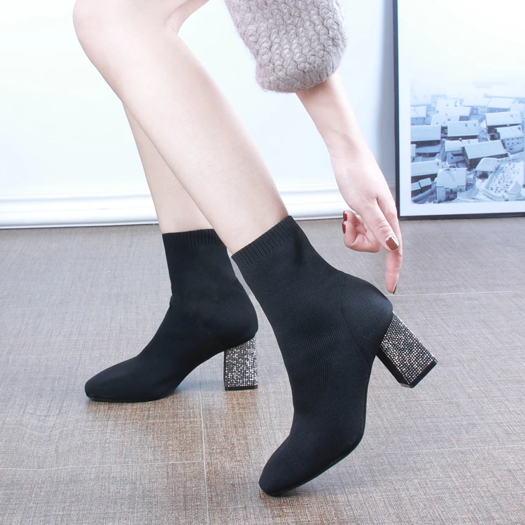 

Knitting Elastic Boots Women's Winter New Fashion Rhinestones Boots Short Boots High-heeled Boots Thick Socks Thin Boots