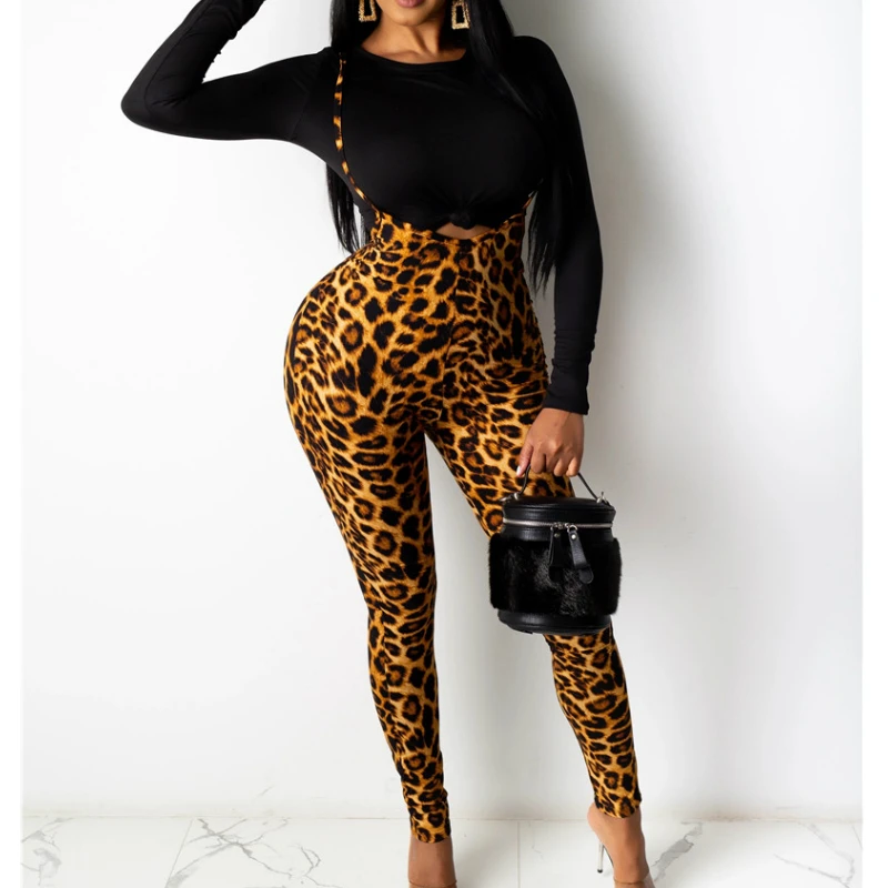 

Sexy Casual Women's Romper One-piece Club Clothes Sleeveless Straps Bib Pants Overall Ladies High Waist Leopard Skinny Trousers