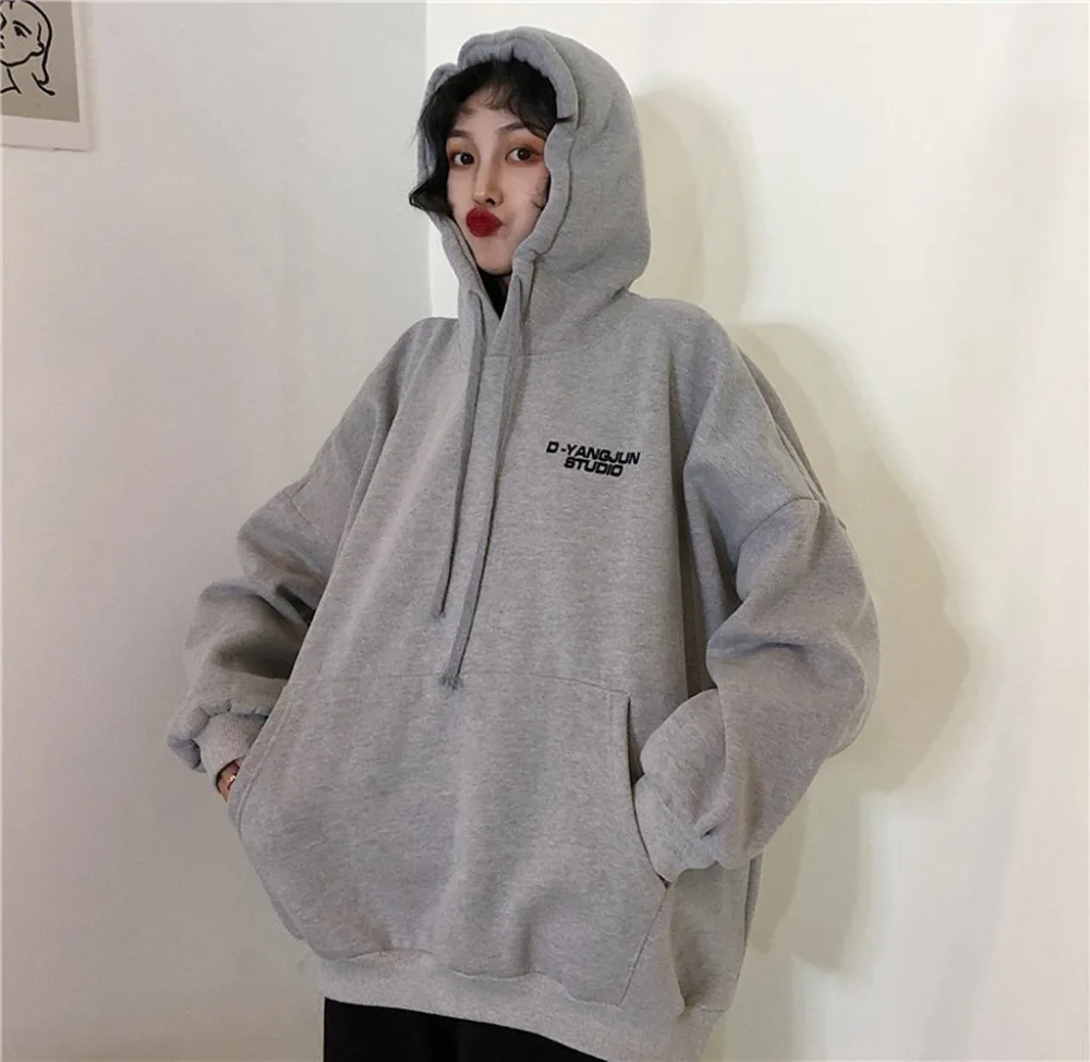 Korean Style Women Casual Loose Hoodies Pullover, Plus Size Pocket Sweatshirt Letter Printed Hoodie sweat femme Female Tops
