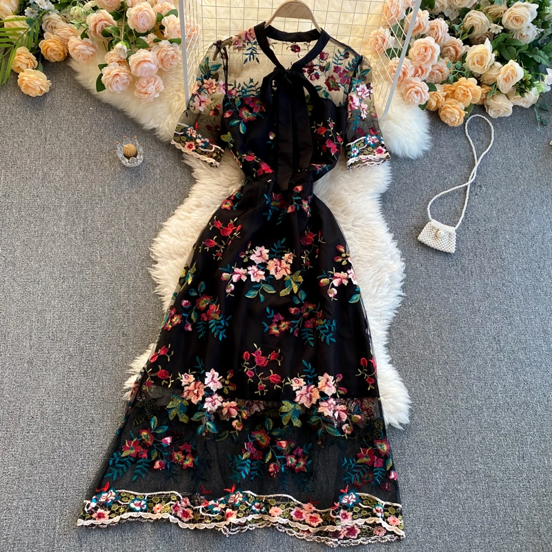  Chic Mesh Embroidery Flower Women Dress 