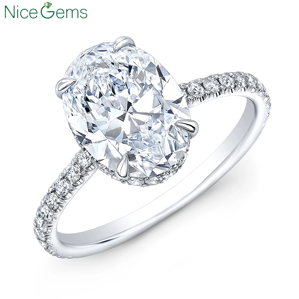 

NiceGems Твердый 18K Белый Золотой Центр 12x8,5 мм DF цвет 5.5ctw современный Овальный муассанит обручальное кольцо скрытое гало набор