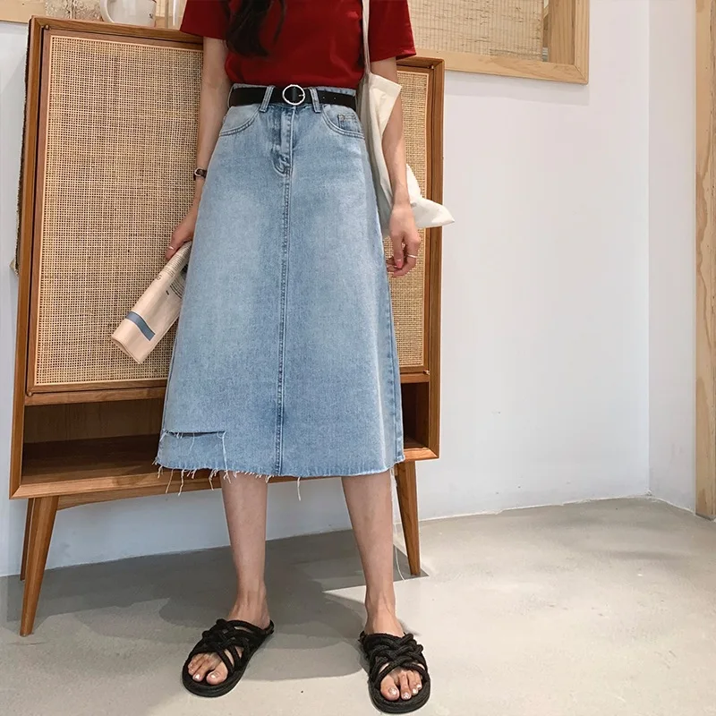 

Fur Trim Denim Skirt Women's Korean-style Slimming Mid-length Skirt