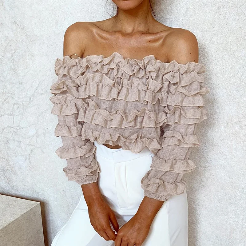 

Conmoto Sexy Off Shoulder Solid Women Blouse Shirts Ruffles Cluster Autumn Winter 2019 Casual Blouses Half Sleeve Blusa Mujer