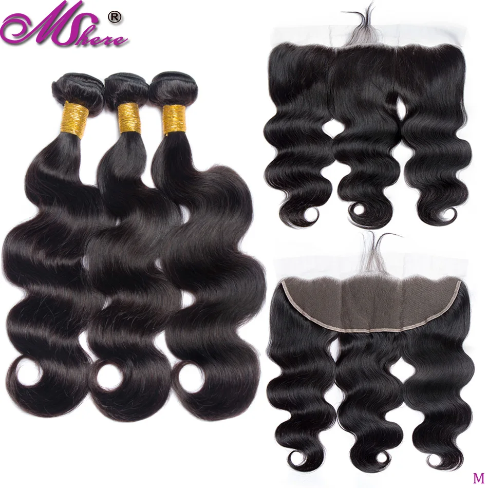 

Lace frontal closure with strands Brazilian body wave hair package 4 pieces Non-Remy Mshere human hair 3 strands with Frontal