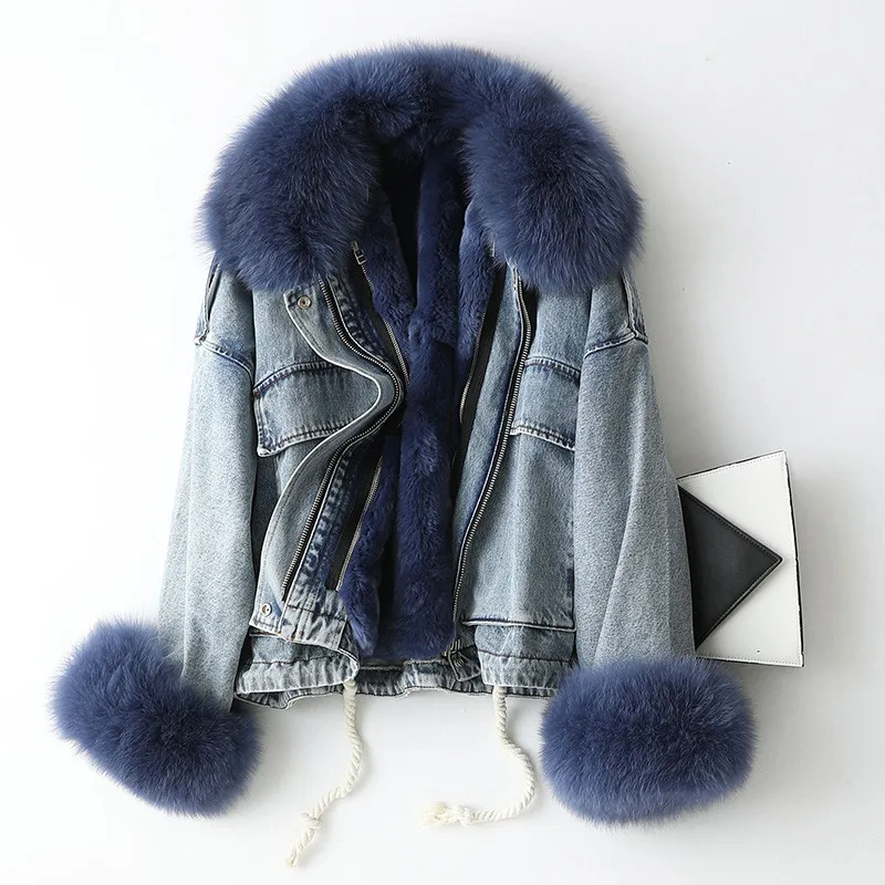 AYUNSUE Parka Real Fur Coat Female Rabbit Fur Liner Denim Jacket Winter Coat Women Fox Fur Collar Warm Korean Jackets MY - Color: blue