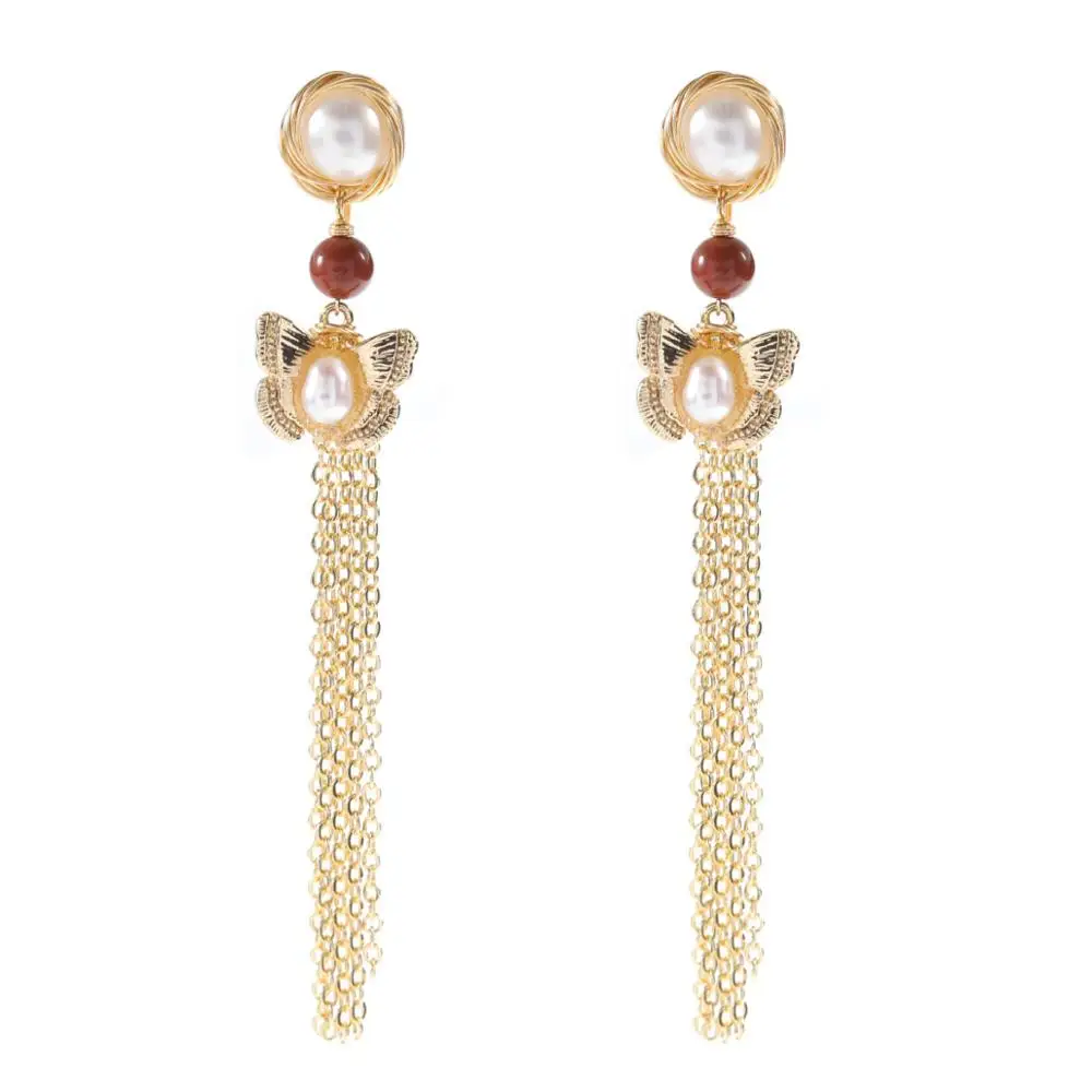 

Filluck 925 SilverJewelry Temperament Pearl Butterfly Tassel Long Earrings Fine Jewelry Hanging Drop Dangle Earrings