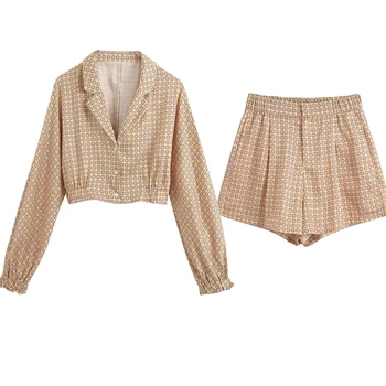 

2020 NEW Summer Women 2 pieces Set printed long Sleeve V-Neck shirt mini pant Suit female sexy clothes