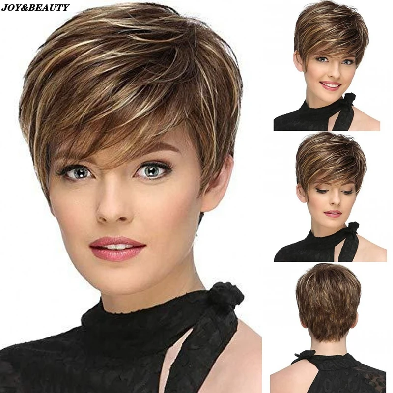 JOY&BEAUTY Synthetic Short Straight Wig for Women Wigs With Bangs Natural Mixed Brown Wig Daily Use Heat Resistant Fiber