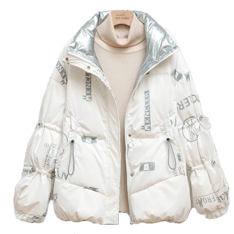 

Пуховик женский зимний Блестящий с принтом, на утином пуху, с отложным воротником