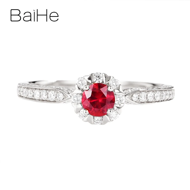 White Gold BAIHE Solid 14 к желтое золото круглый 0.25ct натуральный рубин 0.31ct натуральные бриллианты обручальное кольцо подарок для женщин модное Ювелирное кольцо - Цвет камня: White Gold
