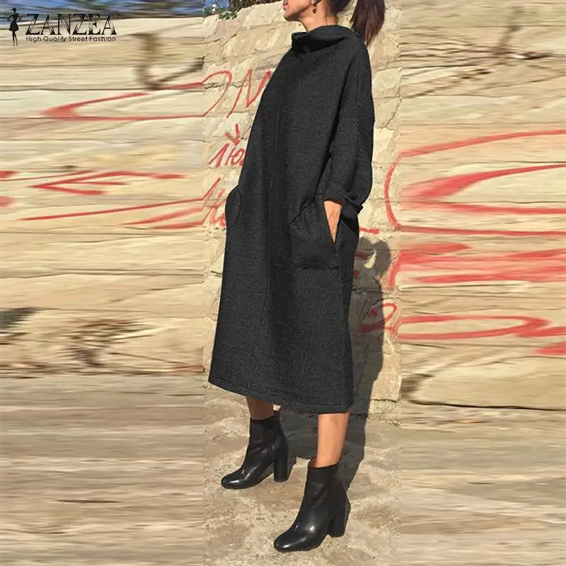 ZANZEA Женская Повседневная Толстовка до середины икры платье Мода осень толстовки с длинными рукавами Vestidos карманы халат Femme платья