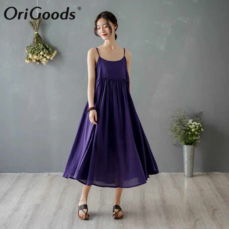Новинка 2020 Летнее Длинное Платье на бретельках для женщин от OriGoods однотонное