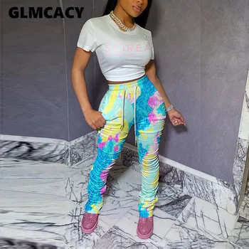 

Women Tie Die Draw String Pleated Bodycon Pants Plus Size Slim Fit Street Style Skinny Pencil Pants