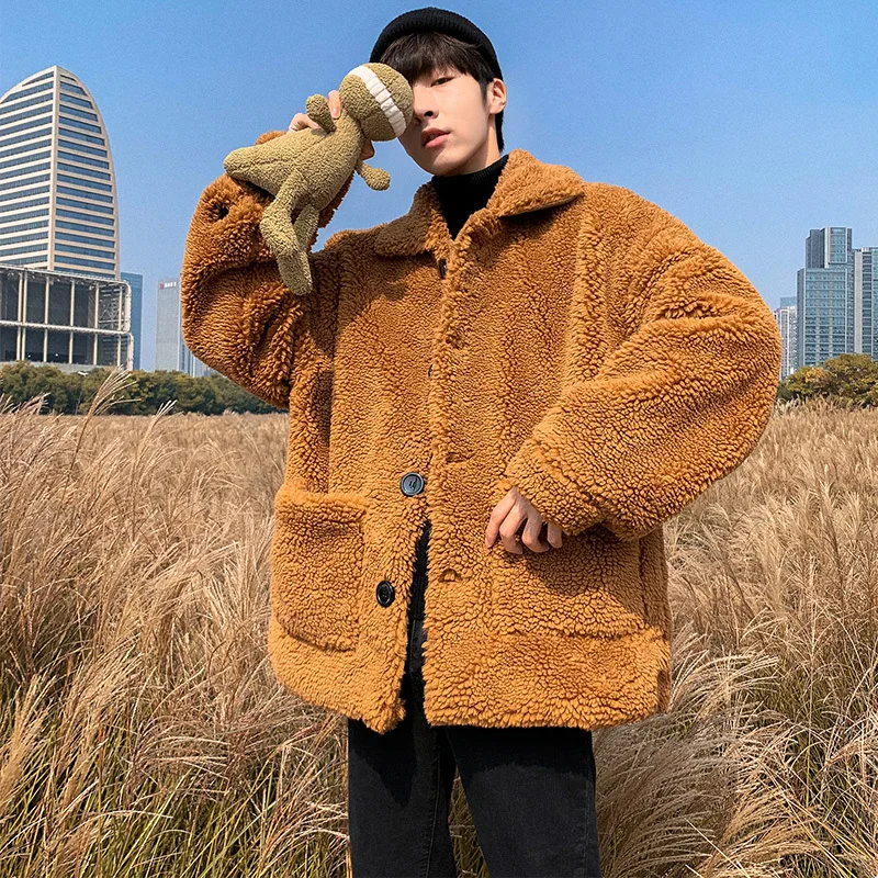 

Winter Lamb Fur Jacket Men's Warm Fashion Parka Men Solid Color Casual Lapel Coat Man Wild Loose Thick Jacket Male Clothes