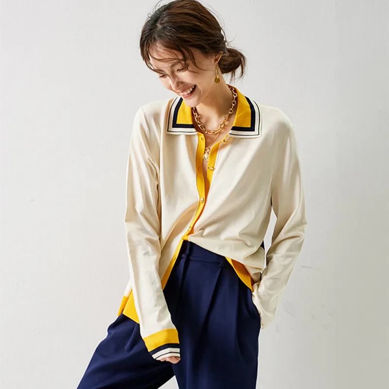 

2020 Spring Women's Color Matching Knitted Cardigan Long Sleeve Preppy Style Turn-down Collar Sweater Knit Buttons Jacket