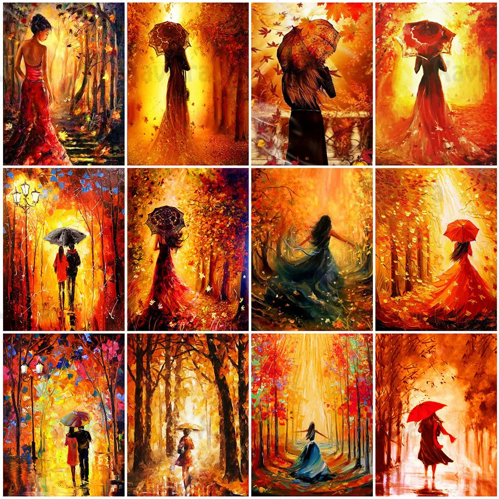 

5D Diy Diamond Painting Red Autumn Maple Leaf Landscape Full Diamond Cross Stitch Umbrella Girl Square Rhinestone Embroidery Kit
