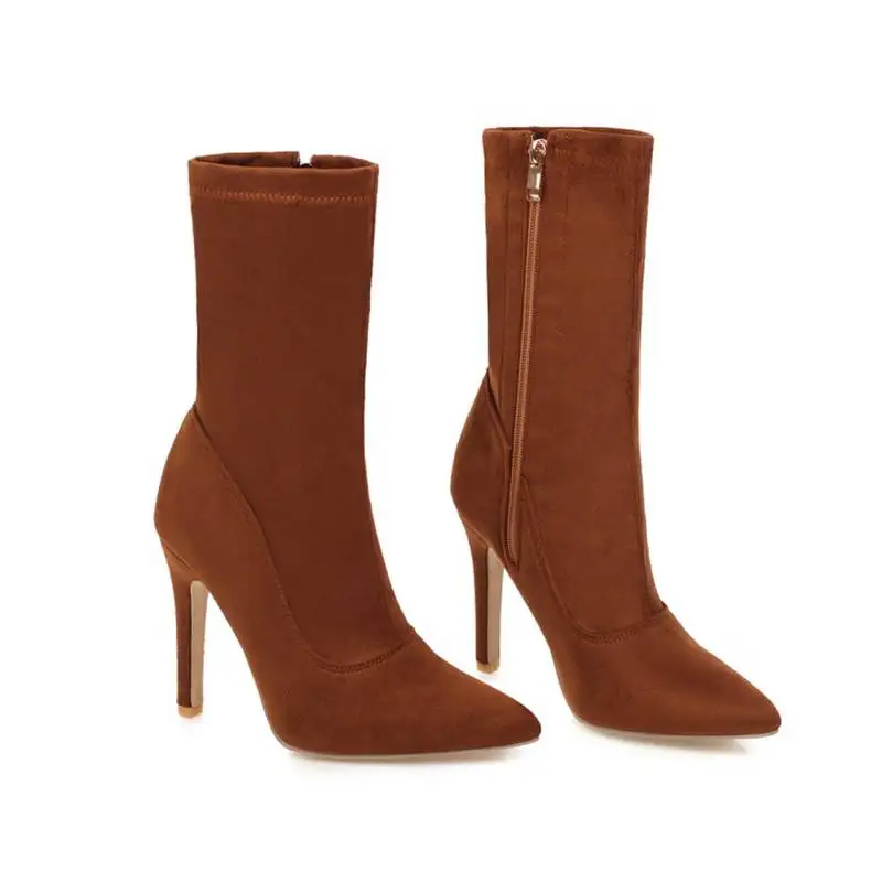 ORCHA LISA/Брендовая женская обувь женские ботинки размеры 31-43, осенние ботинки до середины икры обувь на молнии на высоком тонком каблуке 11 см пикантные вечерние ботинки - Цвет: Brown
