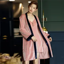 Женский сексуальный халат и платье, комплект из 2 предметов, одежда для сна, велюровая Домашняя одежда, Осеннее термобелье, мини-платье розового и синего цвета