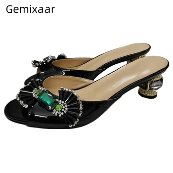 

Jeweled Crystal Candy Bowknot Slippers Women Bright Genuine Leather Open Toe Rhinestone Heel Party Shoes Woman