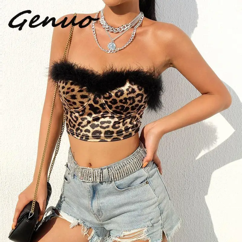 Genuo новые сексуальные меховые Лоскутные укороченные леопардовые топы с открытыми плечами и открытой спиной Весна-Лето Уличная бюстгальтер бюстье топы