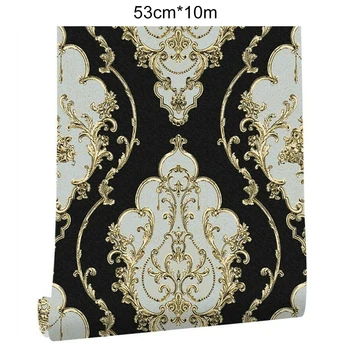 

10M*0.53M Black Gold Damask Waterproof Wall Sticker Murals Embossed Textured PVC Roll Vintage Royal Blue Gold Damask Patterns
