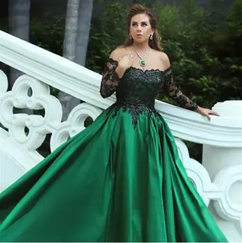 

Black Appliques Long Elegant Prom Dress Robe de soiree Black and Green Long Sleeves Evening Gowns Abendkleider Plus Size