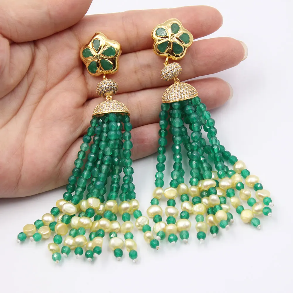 Gg Jewelry Yellow Pearl Green Agates Cz Paved Tassel Gold Color Plated