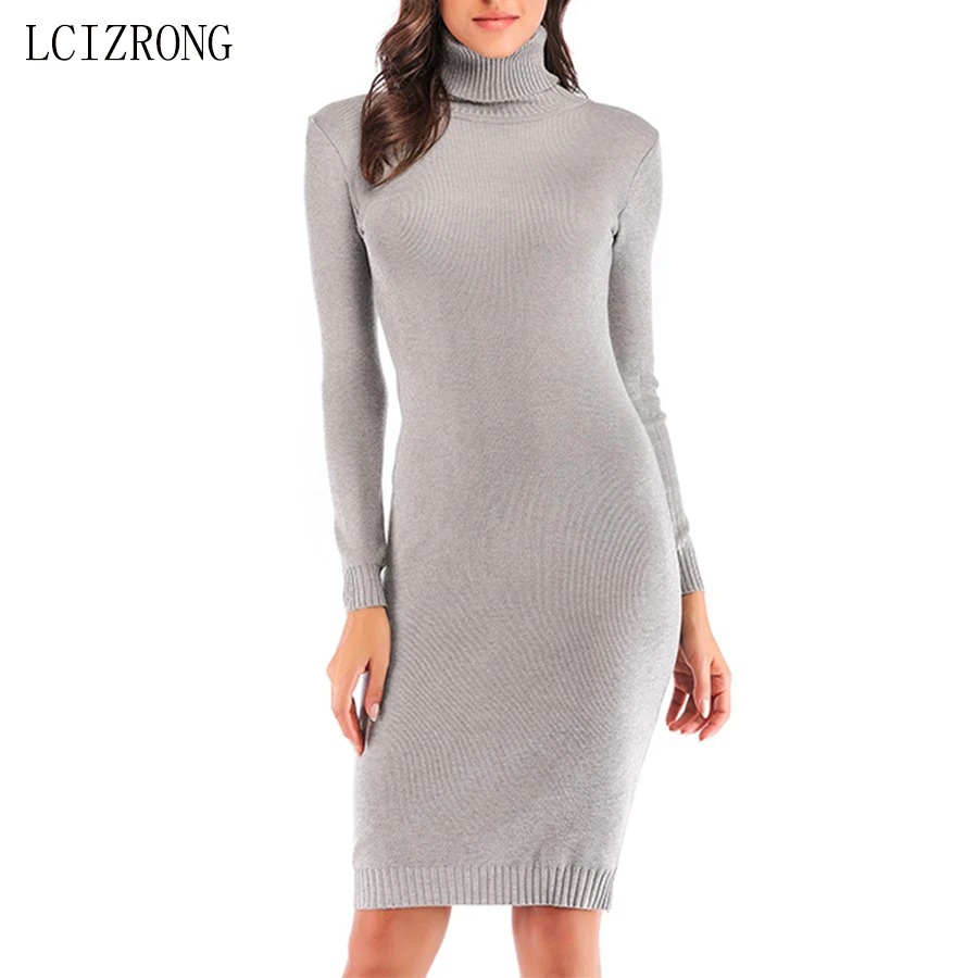 

Winter Turtleneck Sheath Knitted Dress Women Elegant Ladies Flexible Long Sleeve Dress Fashion Black Gray Bodycon Dress Female