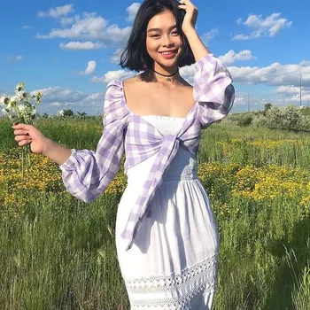 

2020 New Arrival Casual Fashion Women Purple Patchwork Plaid V-neck Bare Navel Full Sleeve Plaid Short Top Cardigan Streetwear