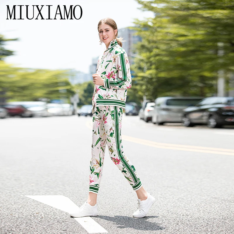 MIUXIMAO, лучшее качество, осень, офисный женский костюм-двойка, элегантный топ с длинным рукавом, роскошный+ штаны с цветочным принтом, костюмы для женщин, Vestido
