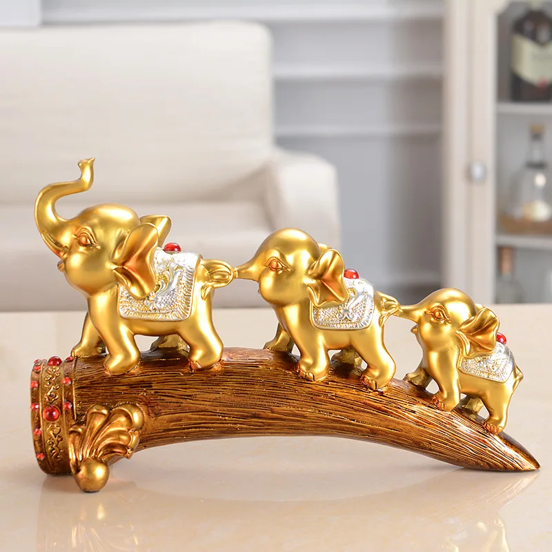 

European Style Vintage Three Gold Elephant Animal Resin Statue Figurines Cute Crafts Gift Sculpture Ornaments Home Decoration