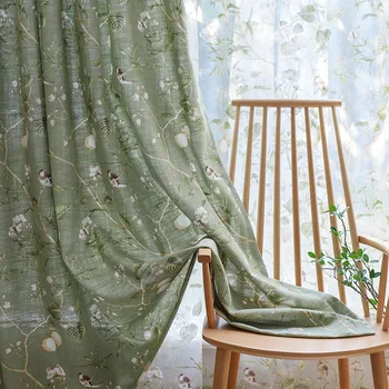 

Nordic Cotton Linen Digital Printing Curtains for Living Room Bedroom Simple Leaves American Pastoral Rural Green Bird Curtains