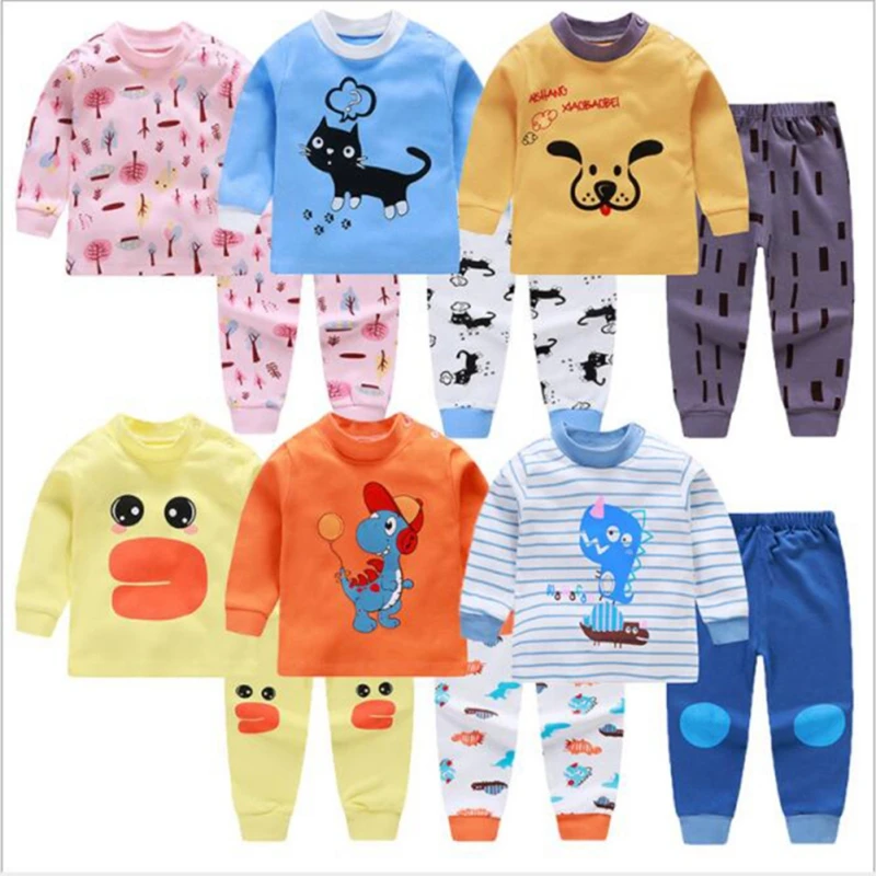 

2019 Spring Autumn Kids Boy Girl Sets Cartoon Cute Cat Dog Tree Dinosaur Shark Pattern Long Sleeve T-Shirt+Trousers Pajamas