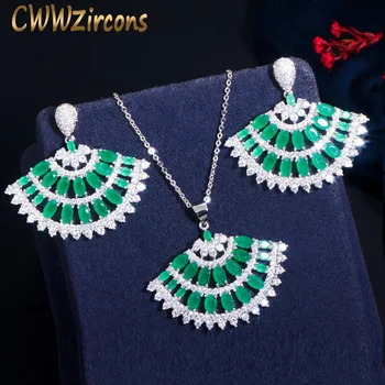 

CWWZircons Fashion Brand Designer Big Long Dangle Green Earrings Necklace Cubic Zirconia Engagement Jewelry Set for Women T445