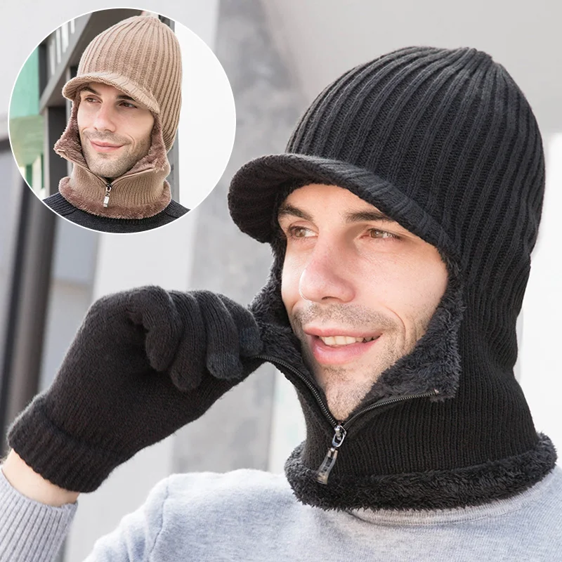 Men's winter knitted hats with zipper, new addition of fur lining to keep warm hats, men's winter hats, warm and windproof hats bomber trapper hat