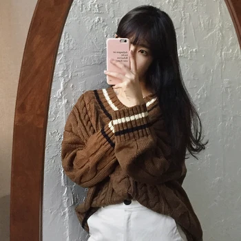 

YAMDI 2020 oversized thick sweater women vintage spring winter loose knitted pullover woman jumper korean v neck patchwork cute