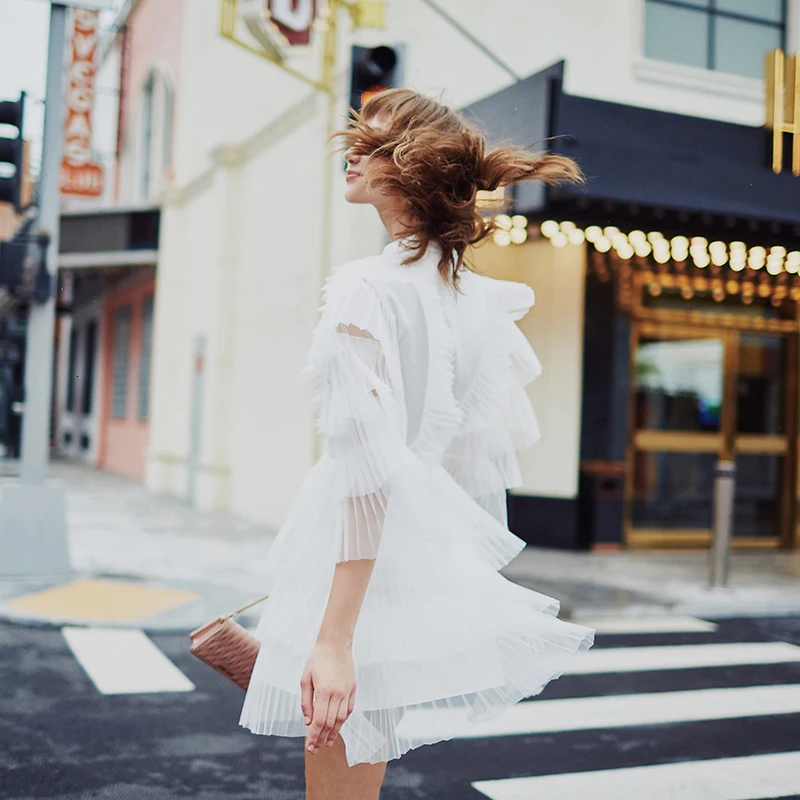 [EAM] Women Pleated Stereoscopic Spliced Dress New V-Neck Three-quarter Sleeve Loose Fit Fashion Tide Spring Autumn 1A013