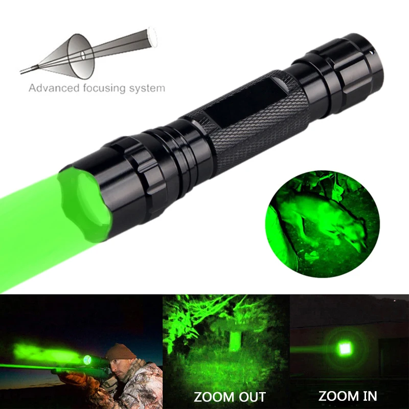 Description Picture 2 of itemTactical Green LED Hunting Flashlight Zoomable Adjustable Focus Torch +Scope Gun Mount+Switch+18650 Battery+USB Charger