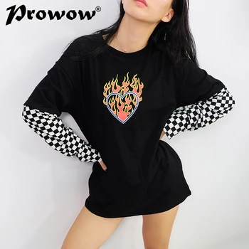

New 2019 Women Plaid Patchwork Long Sleeve Flaming Heart Print Sweatshirt Autumn Winter Black Checkboard Pullover Hoodies