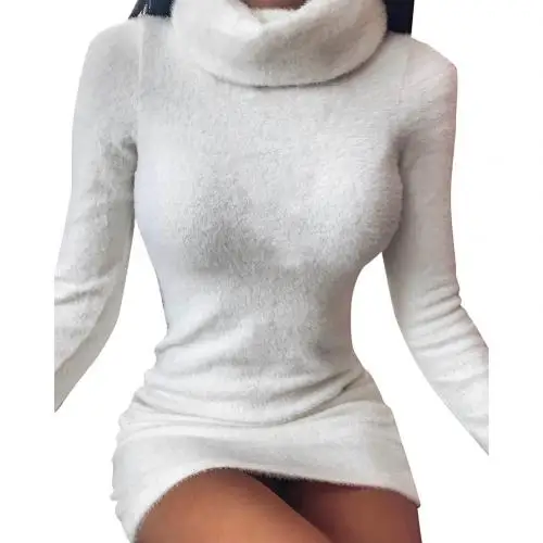 Сексуальное женское однотонное облегающее мини-платье с высоким воротником и длинным рукавом - Цвет: Белый