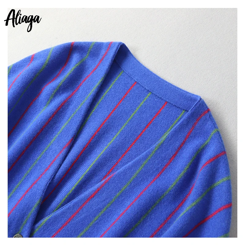 Aliaga, высококачественный полосатый женский свитер, кашемир, кардиган, куртка для девушек, длинный рукав, синий бренд, v-образный вырез, вязанная вышивка, топы