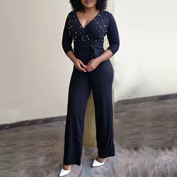 

Jumpsuit Women Sexy V Neck Beading Office Ladies Black Long Jumpsuits Rompers High Waist Belted Lace Up Causal Elegant Overall