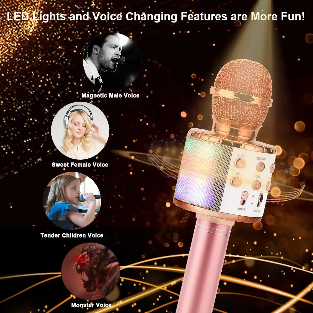 gaming mic Wireless Karaoke Microphone Bluetooth Handheld Portable Speaker Home KTV Player with Dancing LED Lights Record Function for Kids wireless mic